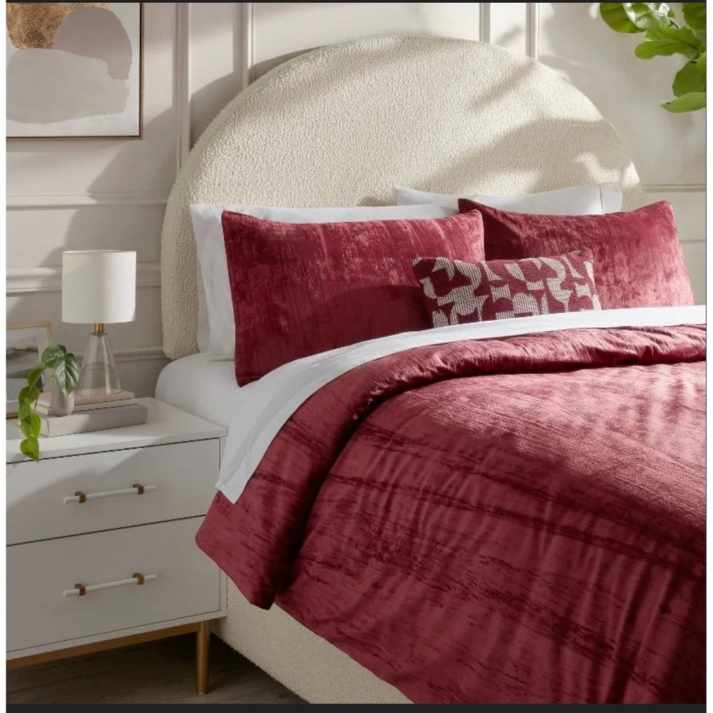 Luxe Distressed Crinkle Velvet Duvet Cover & Sham Set Full/queen Berry Red -